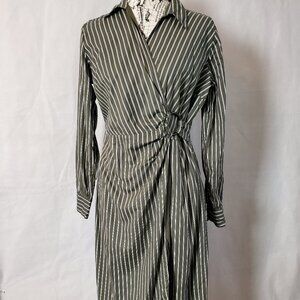 Loft Long Sleeve Olive with White Stripes Wrap Cotton Dress - Size 6